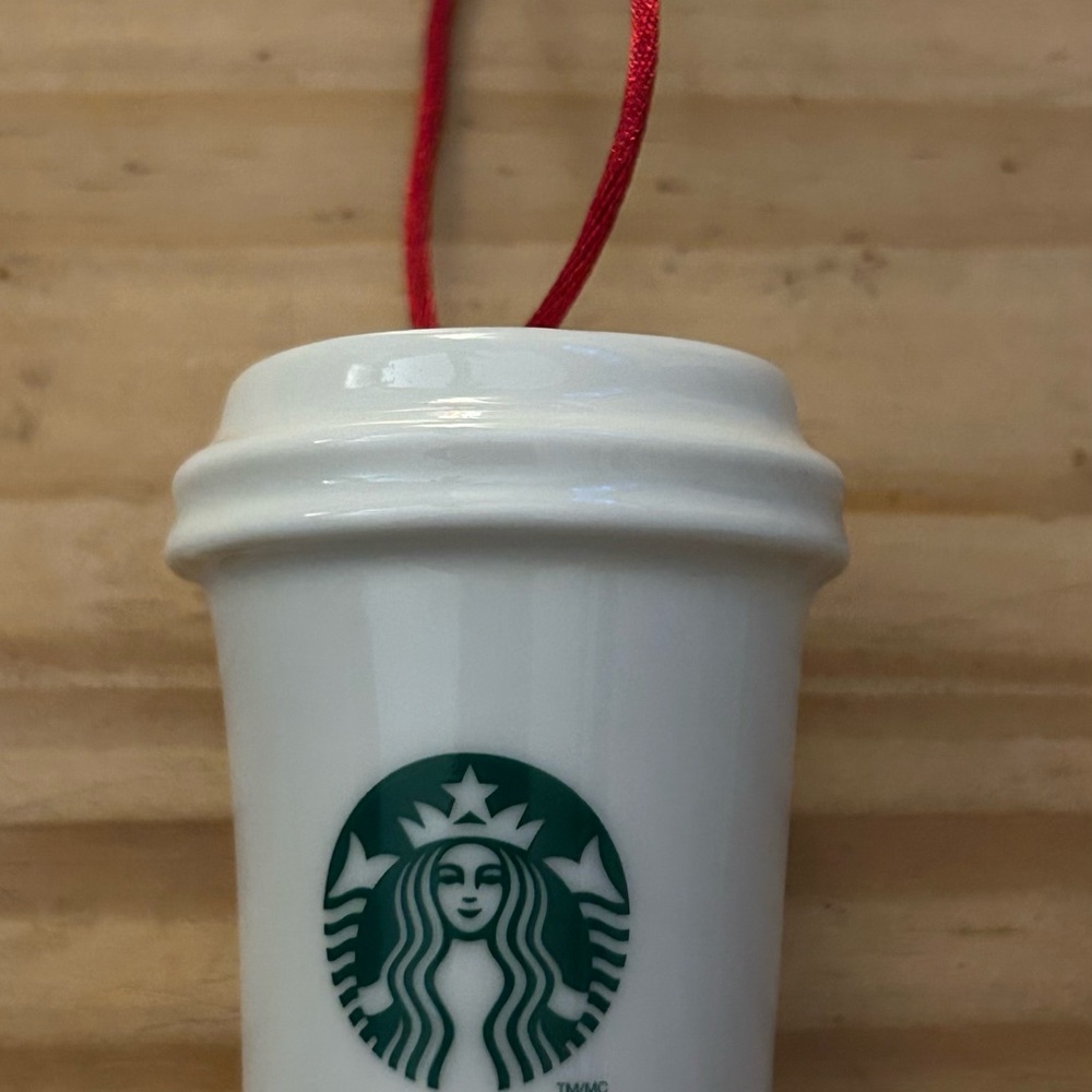 Starbucks 2014 Holiday White and Green Cup Ceramic Christmas Ornament